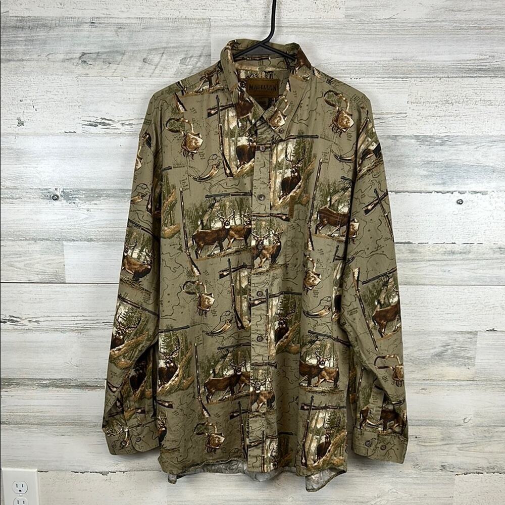 Magellan Deer Print Tan Brown Long Sleeve Button Up Shirt Mens Size XL